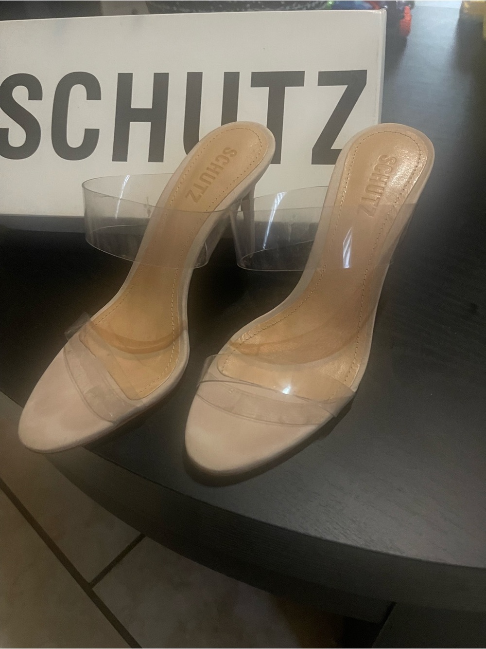 SCHUTZ Clear Strap Nude Mule Heels